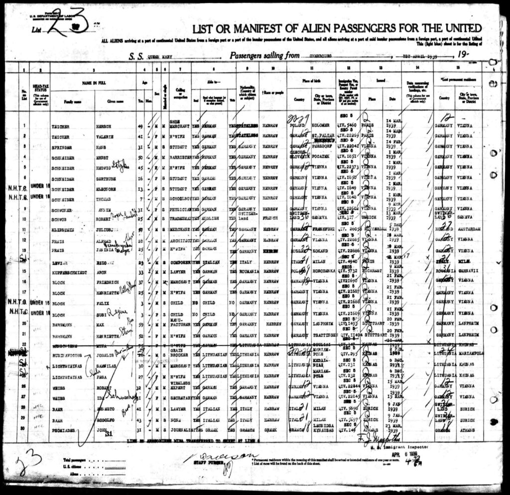 Alfred Preis (brother of Fritz Preis) ship manifest