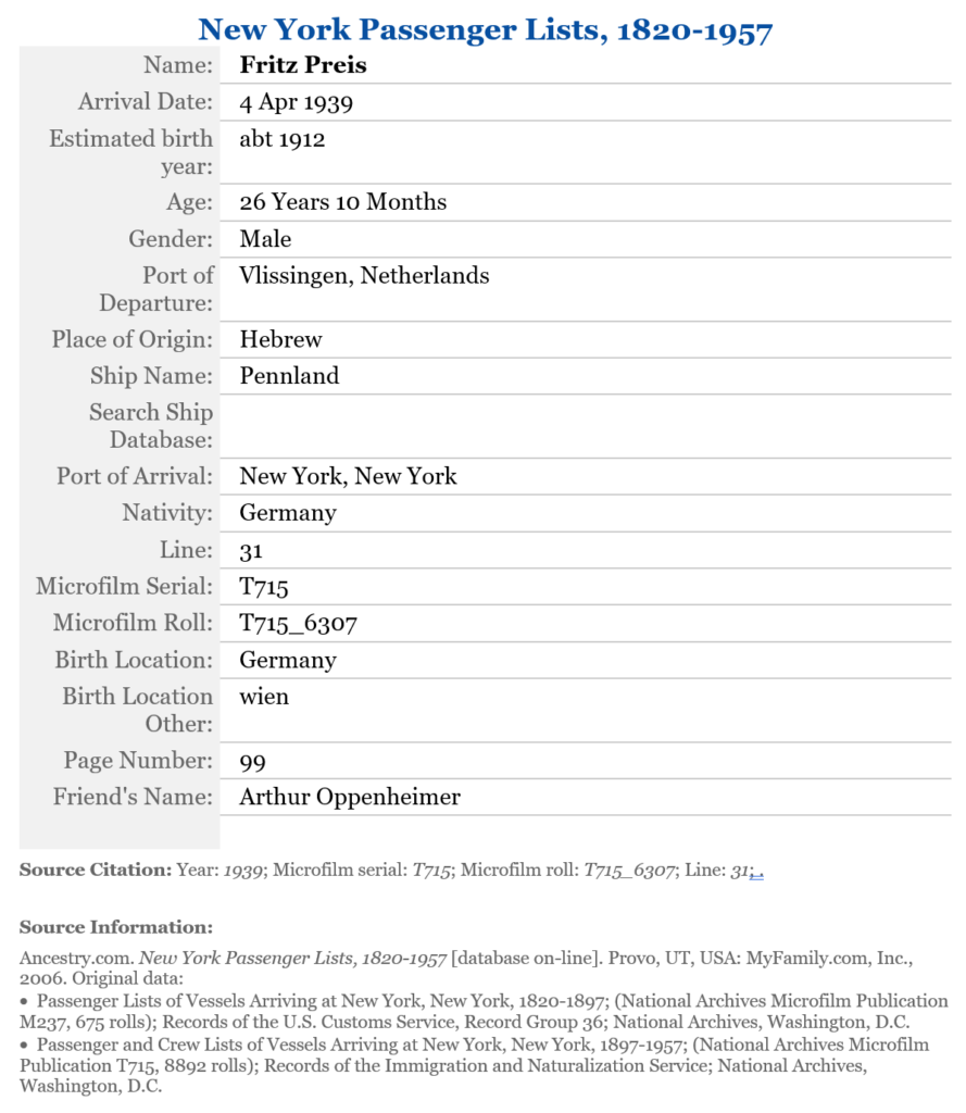 Fritz Preis immigration record (from Ancestry.com)